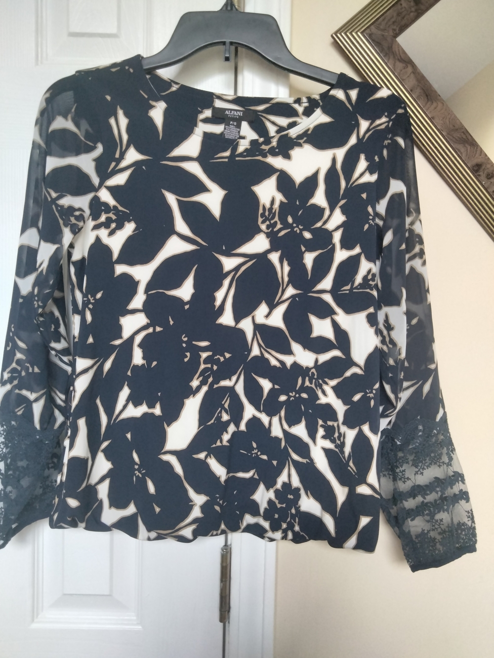 Alfani Dark Blue and White Floral Lace-Sleeve Blouse